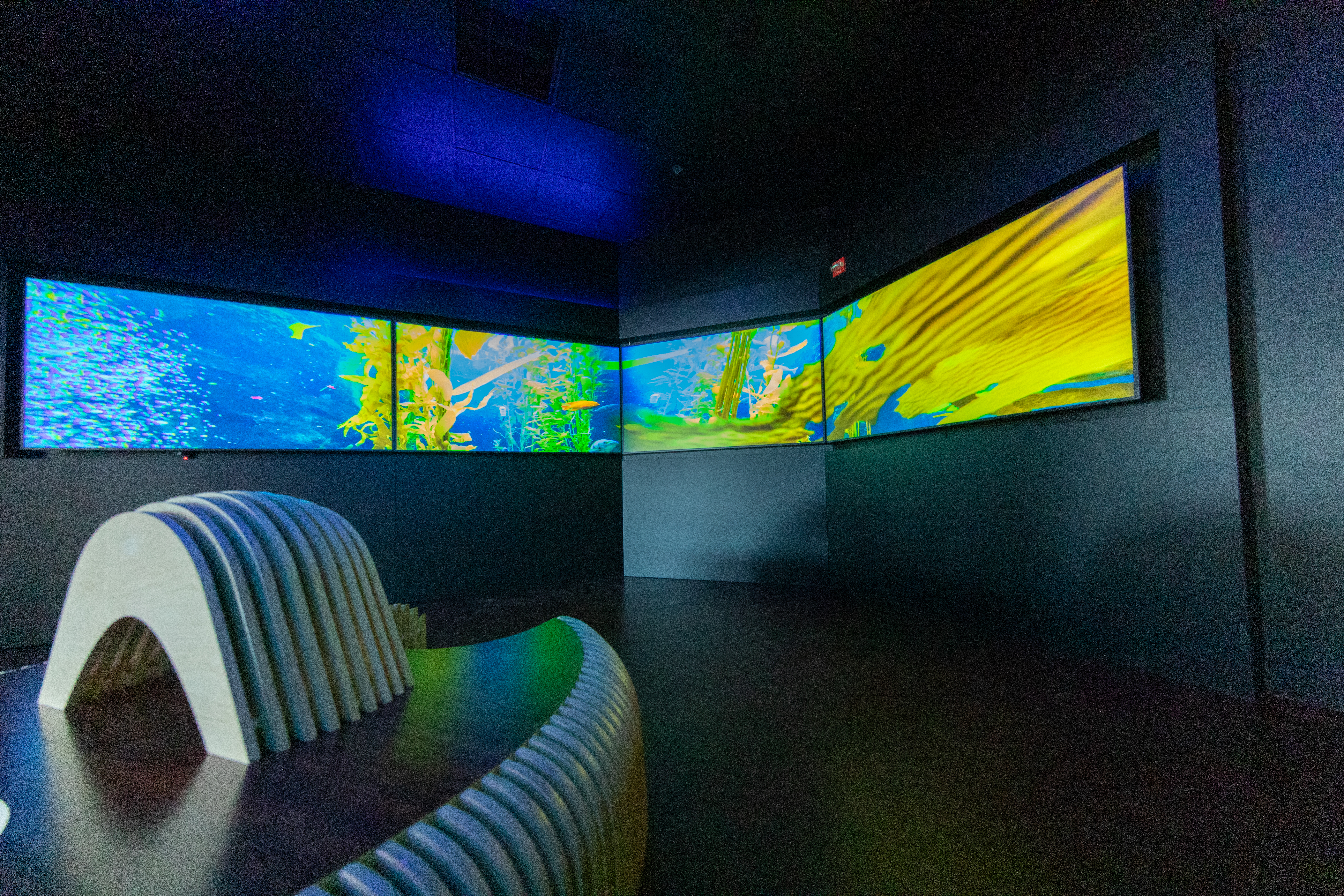 California Science Center at ONT is shown, featuring a dark room with round seating in the middle and large screens on the walls showing footage of the museum's kelp forest.