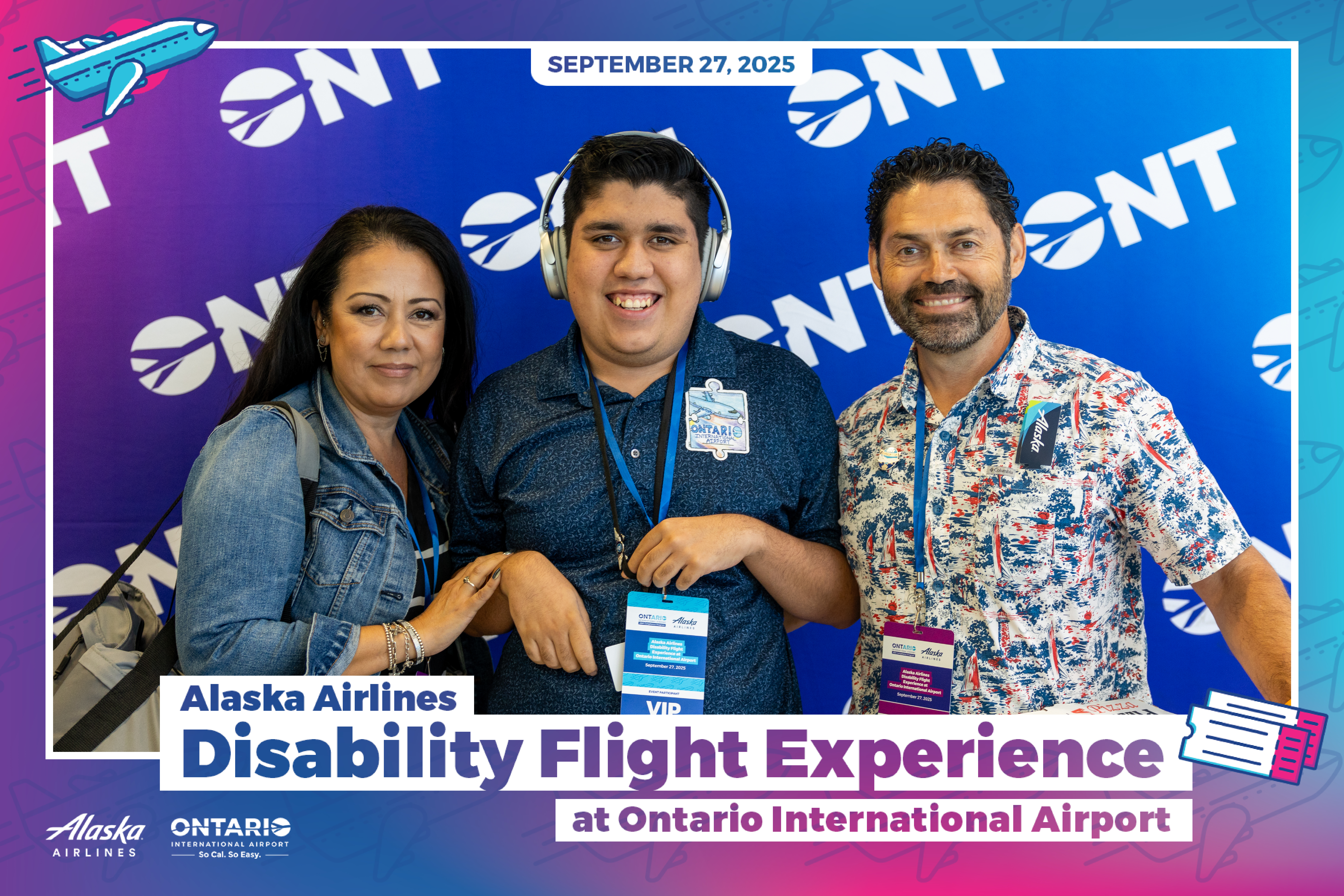A mom and a dad pose with their son in front of a colorful ONT background with a graphic framing the photo that says Alaska Airlines Disability Flight Experience at Ontario International Airport.
