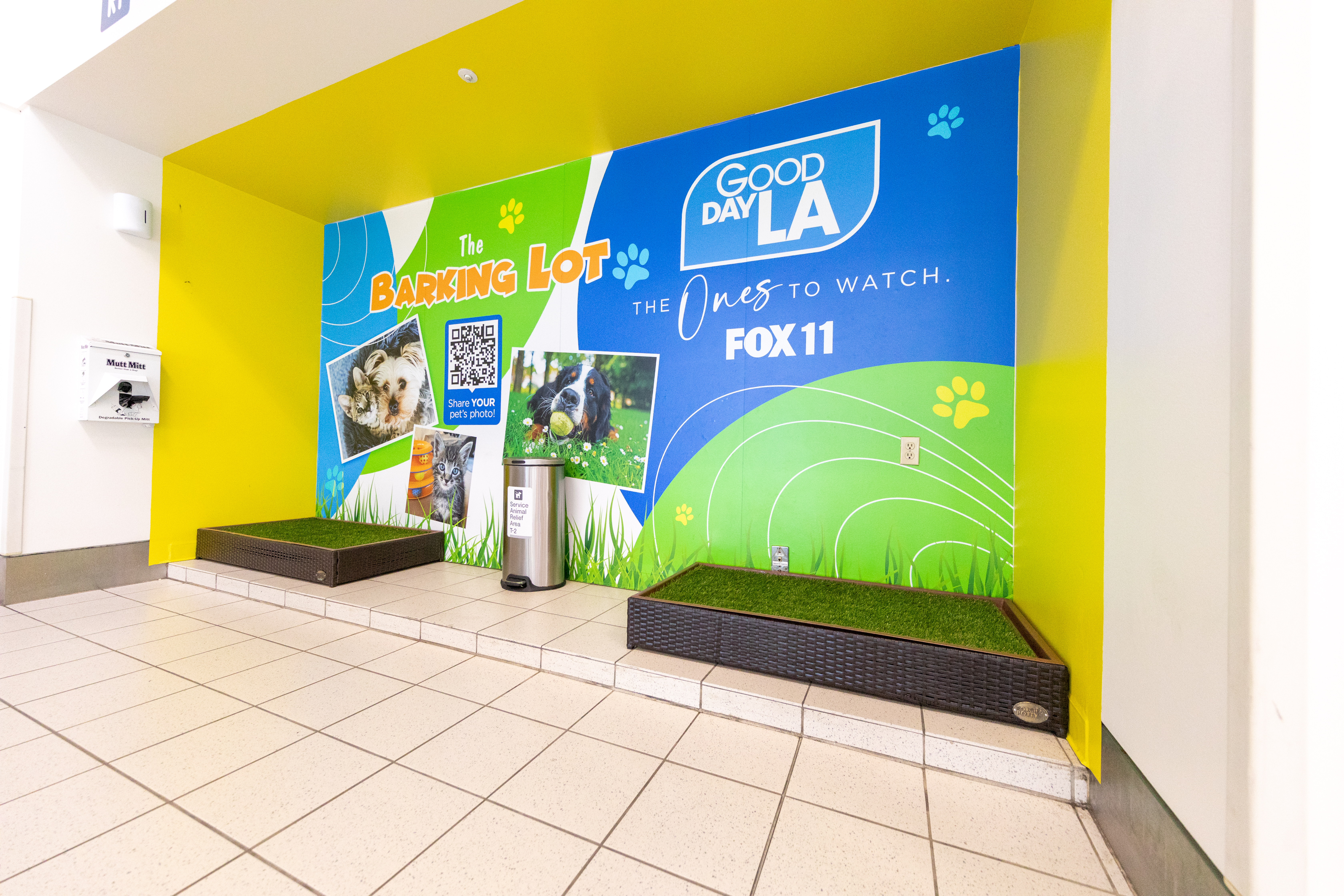Yellow and blue walls mark a "Barking Lot" pet relief area, with fake turf on the ground and photos of dogs on the wall.