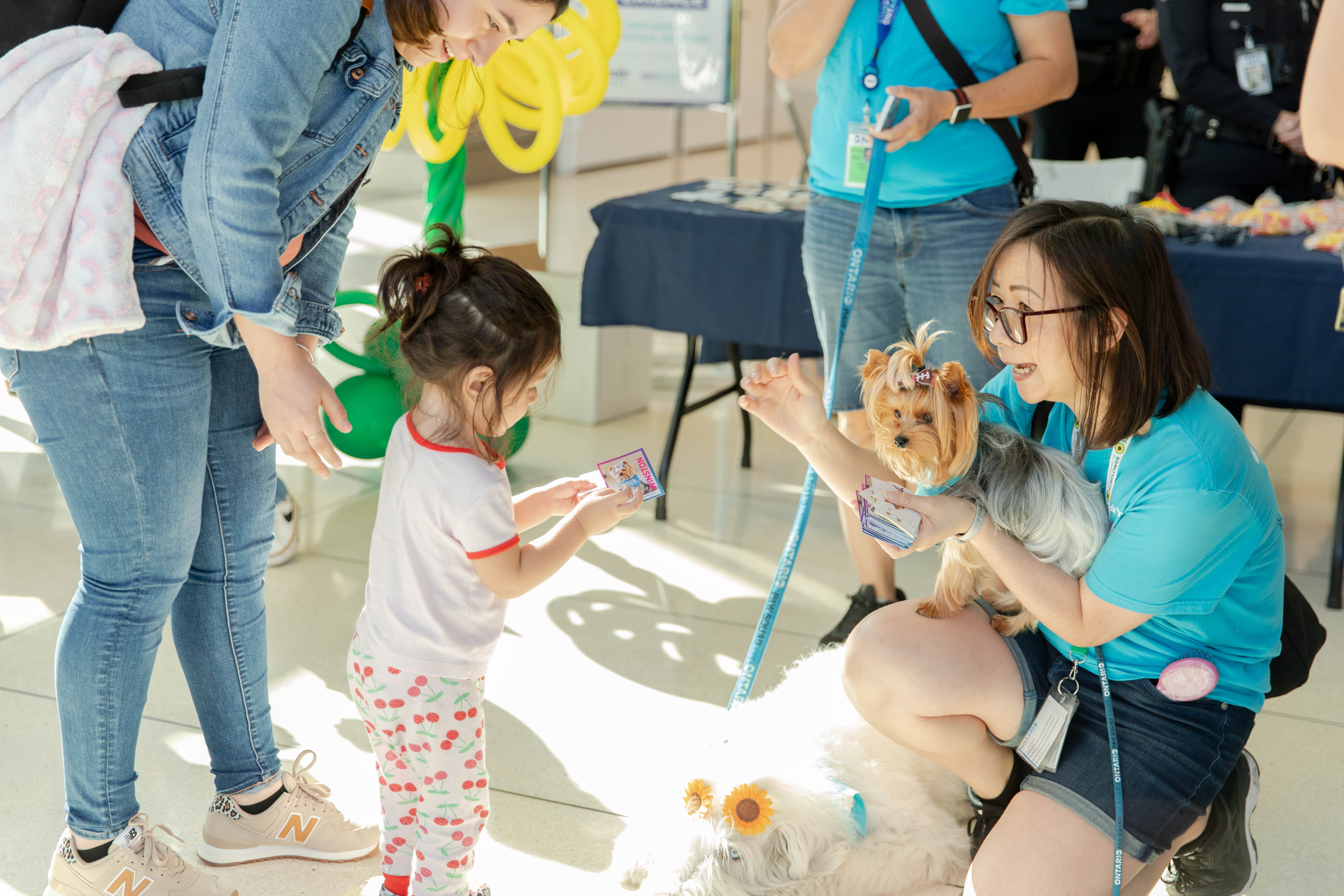 A volunteer dog owner holds her small dog while handing his playing card to a child as others in the airport look on.