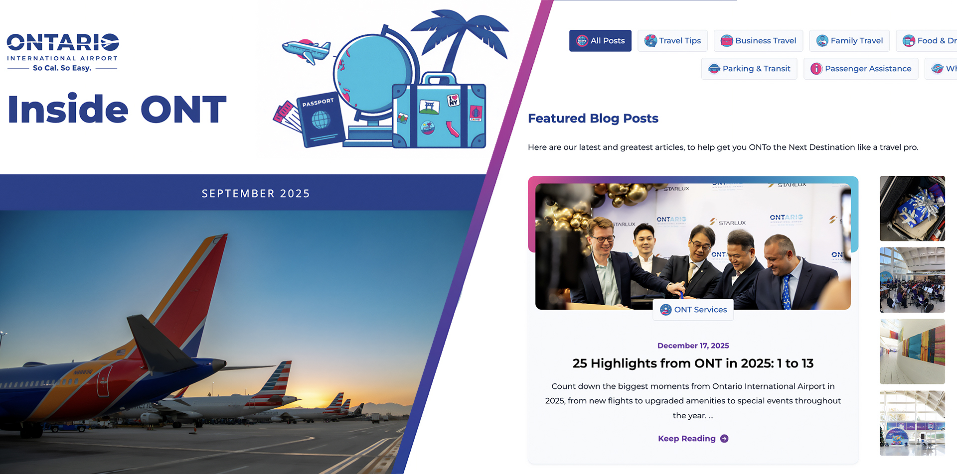 A split-screen photo shows the Inside ONT newsletter on the left and the ONTo the Next Destination blog page on the right.