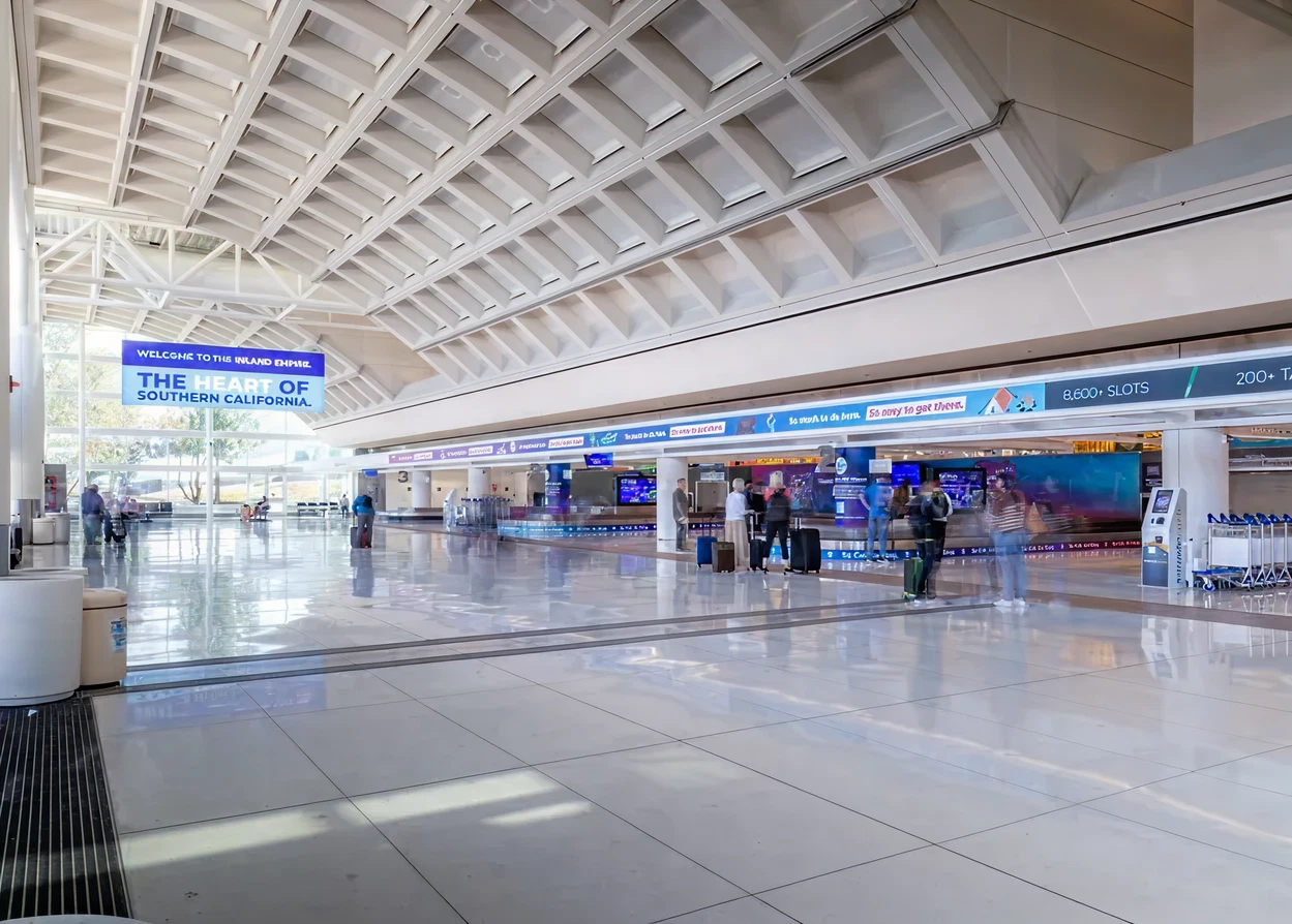 Modern airport terminal with high coffered ceiling, spacious hall and check-in counters.