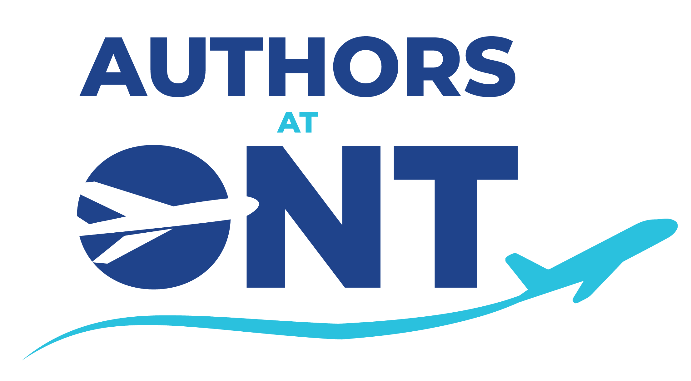 Logo of "Authors at ONT" with blue lettering and a stylized airplane silhouette.
