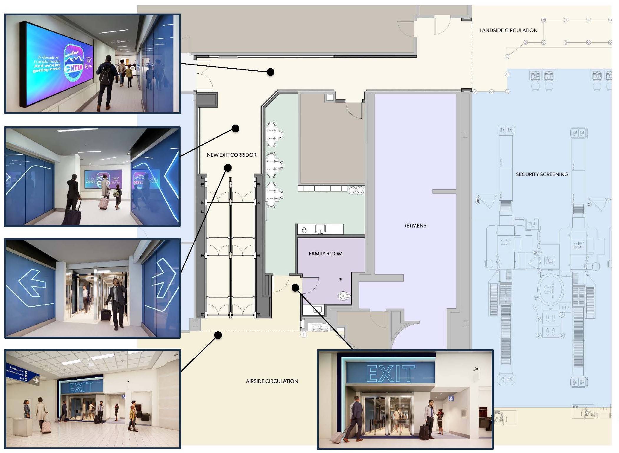 Digital rendering showing new exit corridor overlaid on a map of the airport.