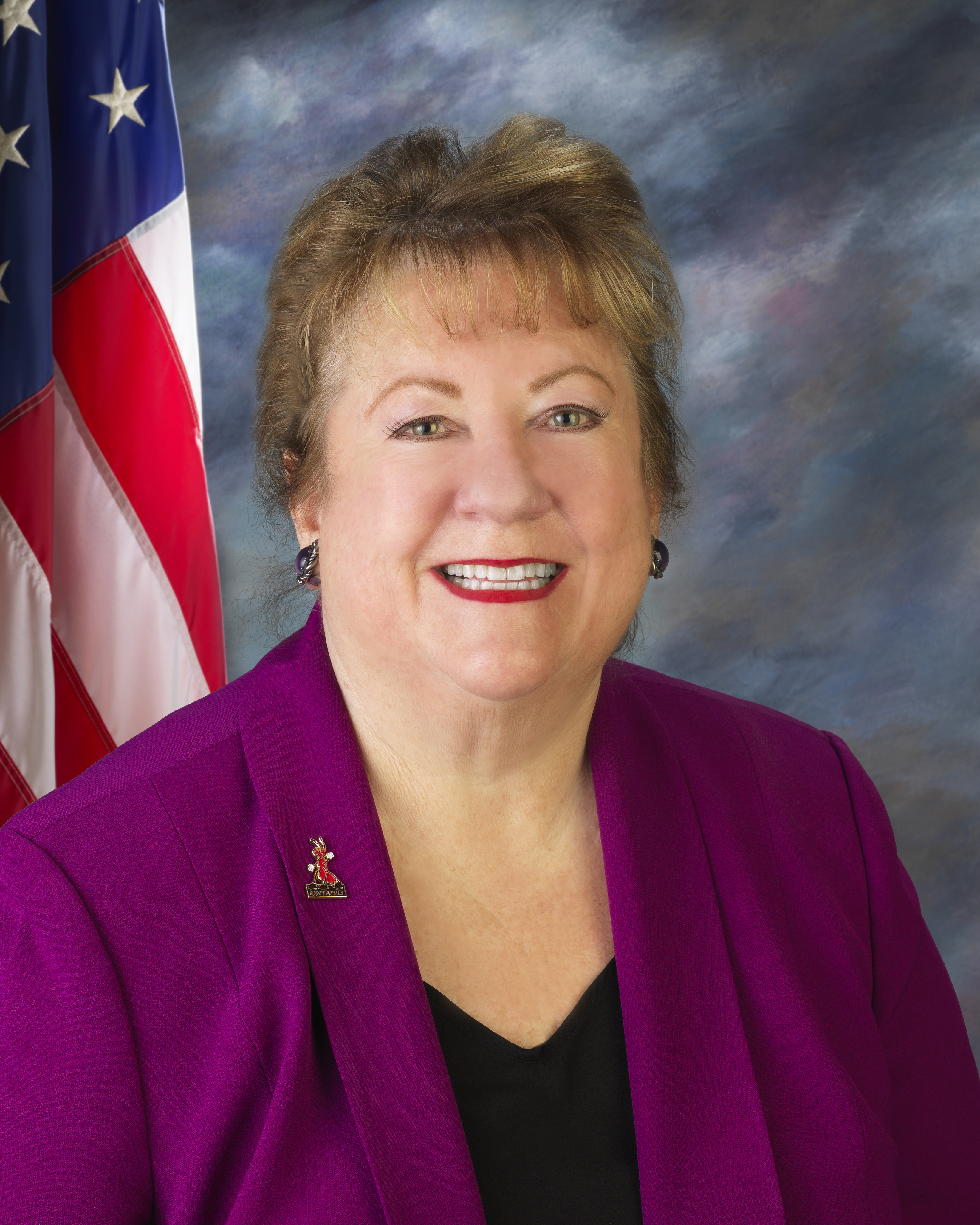 Commissioner Debra Porada smiling headshot with an American flag in the background.