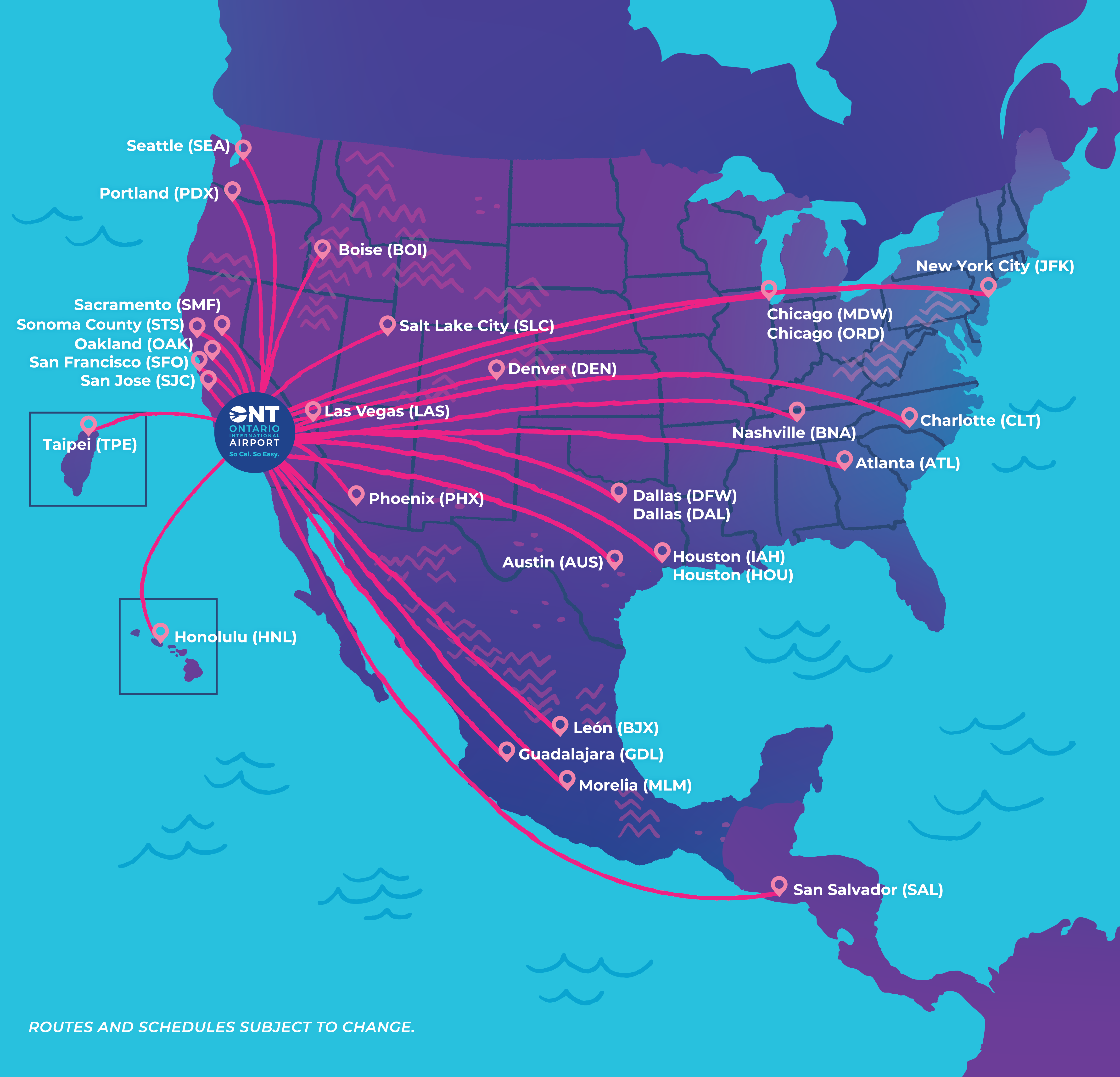 Map showing major cities across the United States and Mexico in purple and blue tones