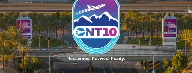 A photo looks north from ONT toward the mountains with a logo that says "ONT10: A Decade of Local Control. Reclaimed. Revived. Ready."