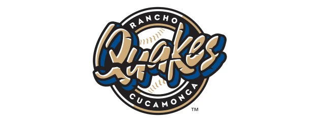 Circular baseball logo featuring "Quakes" script in gold and black.
