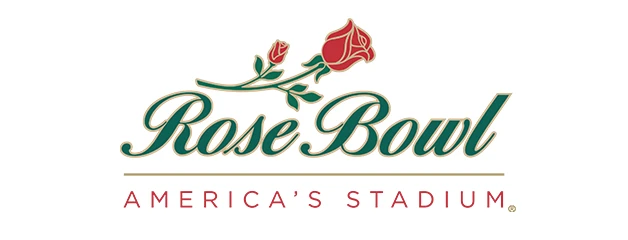 Logo of Rose Bowl with a red rose graphic and text "AMERICA'S STADIUM".