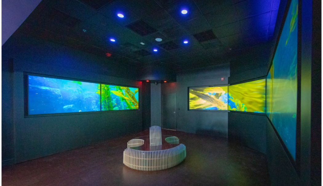 Circular room with multiple projection screens displaying underwater scenes, illuminated by blue lighting.