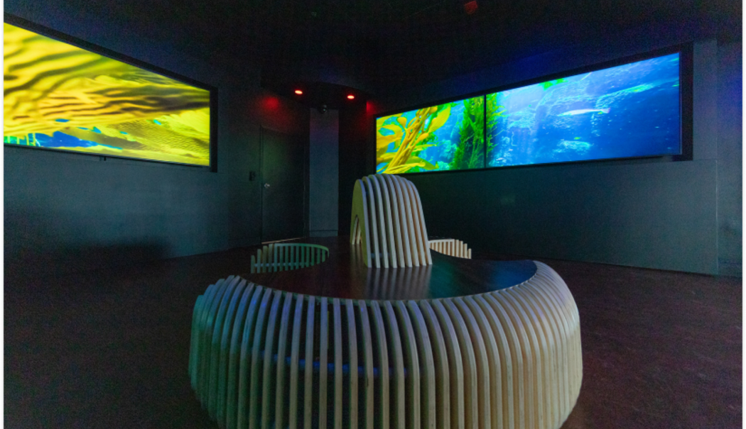 Circular bench in a dark room with colorful abstract displays on multiple screens.